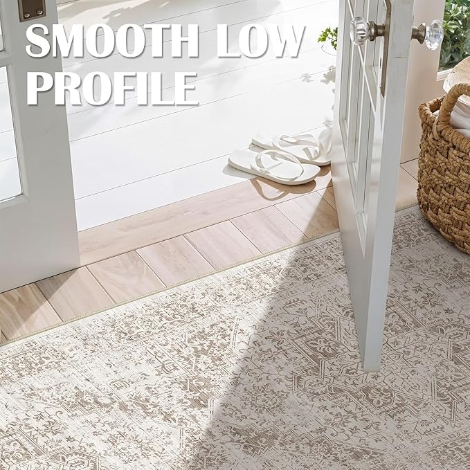 Washable 3x4 Area Rug for Entryway - Kitchen Non Slip Low-Pile Rugs Vintage Soft Thin Carpet Small Stain Resistant Mat for Bedroom Entrance Bathroom Floor Decor (Cream/Camel)