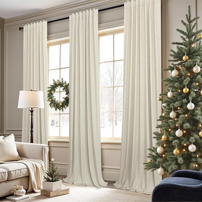 Black Out Burlap Curtains 63 Inch Long Faux Linen Farmhouse Bedroom Blackout Curtain 63 Inches Length 2 Panels Set Energy Saving Noise Reducing Nursery Drape for Bay Window Back Tab Pocket Cream Beige
