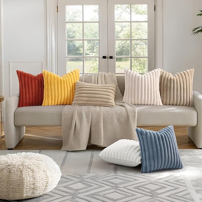 decorUhome Summer Cozy Faux Fur Throw Pillow Covers 22x22 Set of 2 Decorative Plush Striped Modern Farmhouse Boho Couch Euro Sham Pillow Cases with Velvet Back for Sofa Bed Living Room, Mustard Yellow