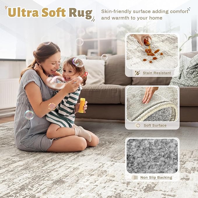 XLUEZ 6x9 Area Rugs for Living Room, Washable Modern Abstract Large Area Rug Neutral Soft Non Slip Kids Rug Stain Resistant Indoor Carpet for Bedroom Nursery Dining Room Playroom(BeigeBrown, 6'x9')