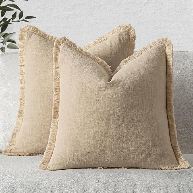 MIULEE Decorative Throw Pillow Covers Neutral Linen Fringe Throw Pillows Set of 2 Beige Boho Farmhouse Cushion Covers with Tassels for Couch Sofa Bed Living Room Spring Home Decor 20x20 Inch
