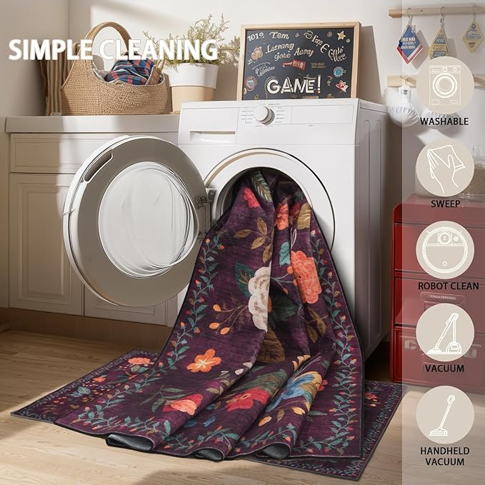 Washable Area Rug 8x10, Large Soft Rugs for Living Room Floral Purple Carpet 8x10 Area Rugs for Bedroom Dining Room Non-Slip Stain Resistant Under Table Rug (8 x 10, Purple)