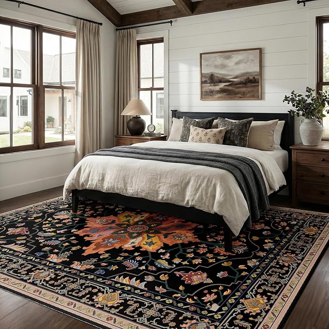 Area Rugs 6'x8' Washable Non-Slip, Floral Vintage Distress Print Pattern Medallion Carpet for Living Room Bedroom Dining Room, Black Colorful Floral Dark Tan
