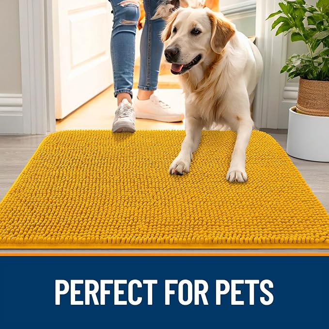 OLANLY Dog Door Mat for Muddy Paws 48x30, Absorbs Moisture and Dirt, Absorbent Non-Slip Washable Doormat, Quick Dry Chenille Mud Mat, Entry Indoor Entryway Carpet for Inside Floor, Golden Yellow