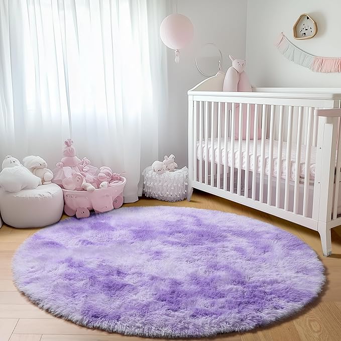ONASAR Round Rugs 5ft for Bedroom Living Room, Tie-Dyed Purple Fluffy Circle Area Rug for Kids Girls Boys Teen, Soft Plush Shaggy Carpet for Nursery Dorm Classroom Playroom Home Decor Aesthetic