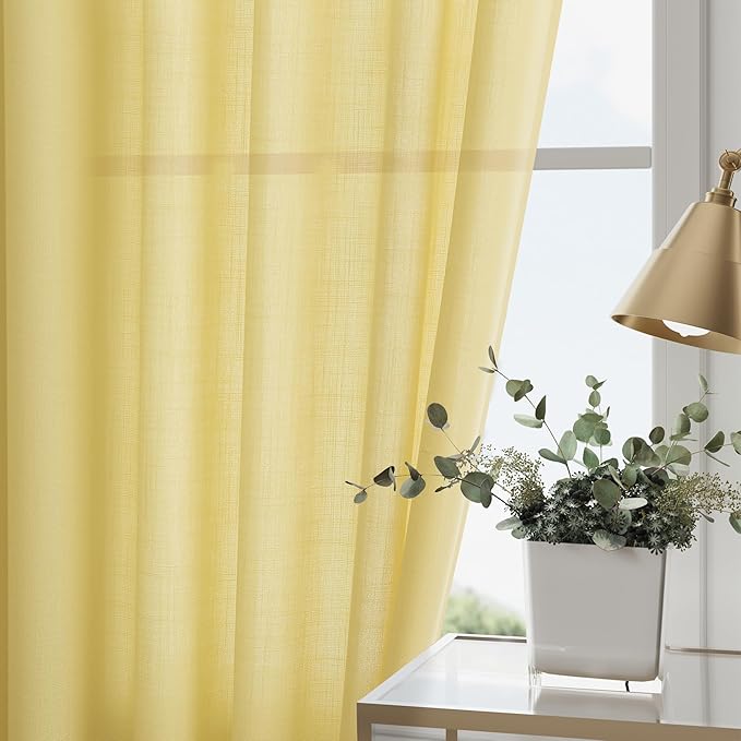 Nanspring Yellow Linen Curtains 80 Inches Long for Bedroom Back Tab Light Filtering Privacy Sheer Yellow Curtain Modern Farmhouse Coastal Decor Cotton Textured Gauze Drapes 2 Panel Set 52x80