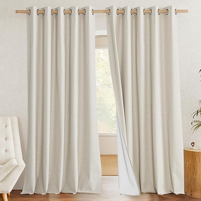 NICETOWN Farmhouse Style Keep Warm Large Window Draperies 108 inches Length with Thermal Insulated Liners, 2 Panels, 62" W, Full Blackout Natural Linen Curtains for Sliding Glass Door