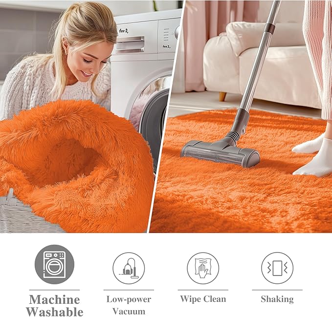 OLANLY Orange Round Rugs for Bedroom - Machine Washable, 8 ft Circle Area Rugs for Living Room, Soft and Fluffy Shaggy Carpet for Teen Girl and Boys, Nursery Rooms, Dorms, Home Decor Aesthetic