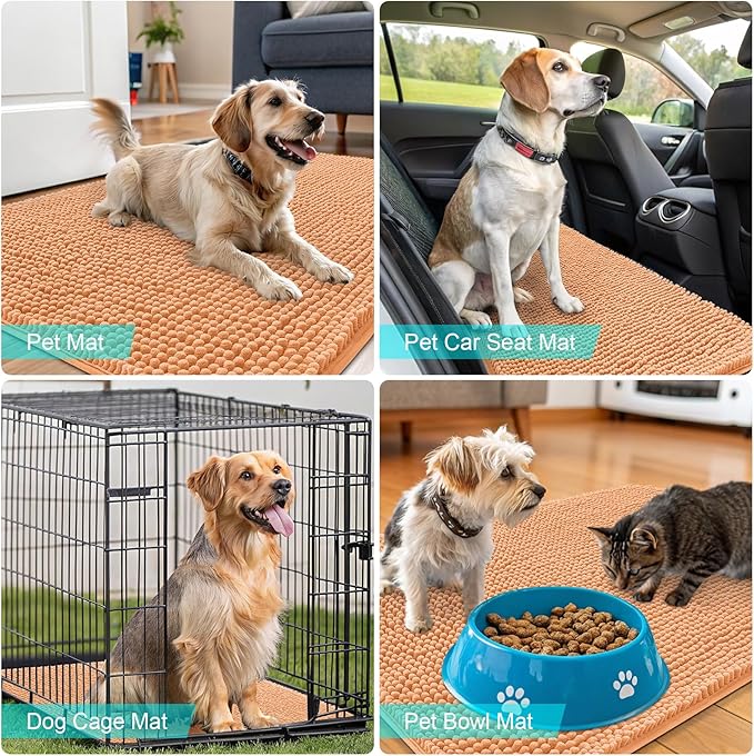 OLANLY Dog Door Mat for Muddy Paws 35x24, Absorbs Moisture and Dirt, Absorbent Non-Slip Washable Doormat, Quick Dry Chenille Mud Mat for Dogs, Entry Indoor Entryway Carpet for Inside Floor, Orange