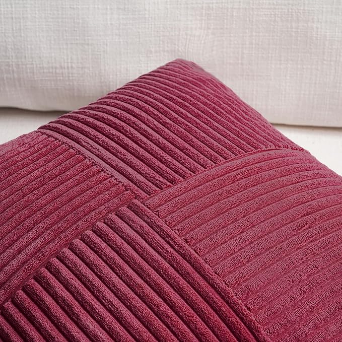 Fancy Homi 2 Packs Burgundy Lumbar Decorative Throw Pillow Covers 16x26 Inch for Couch Bed Sofa, Rustic Farmhouse Boho Spring Home Decor, Soft Striped Corduroy Rectangle Accent Cushion Case