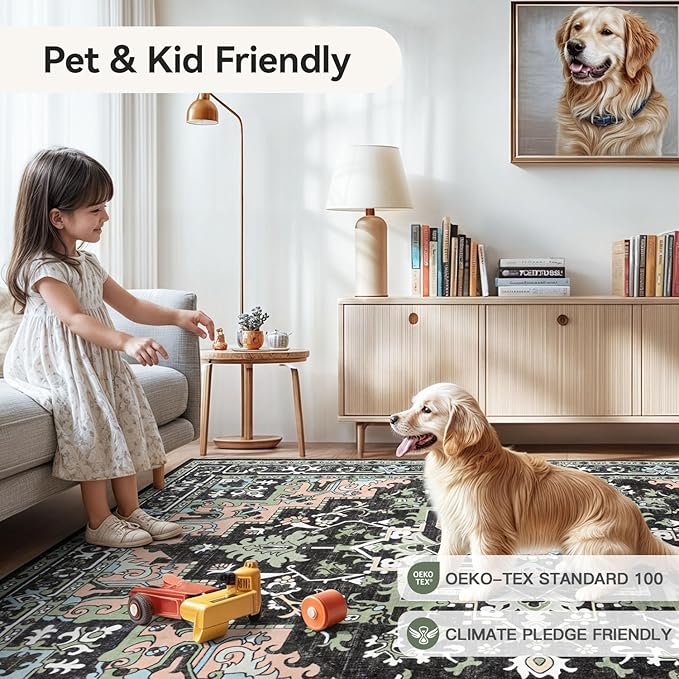 Lofus 8x10 Area Rugs, Large Area Rug for Living Room, Floral Washable Area Rug for Bedroom, Office, Dining Room, Non-Slip Vintage Boho Rug, Low-Pile Soft Carpet, Traditional Oriental Style, Dark Green