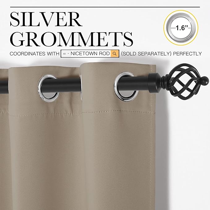 NICETOWN Taupe Room Darkening Curtains for Kitchen, Window Treatment Thermal Insulated Solid Grommet Room Darkening Curtains/Drapes for Bedroom (Set of 2, 42 inches Wide by 48 inches Long)