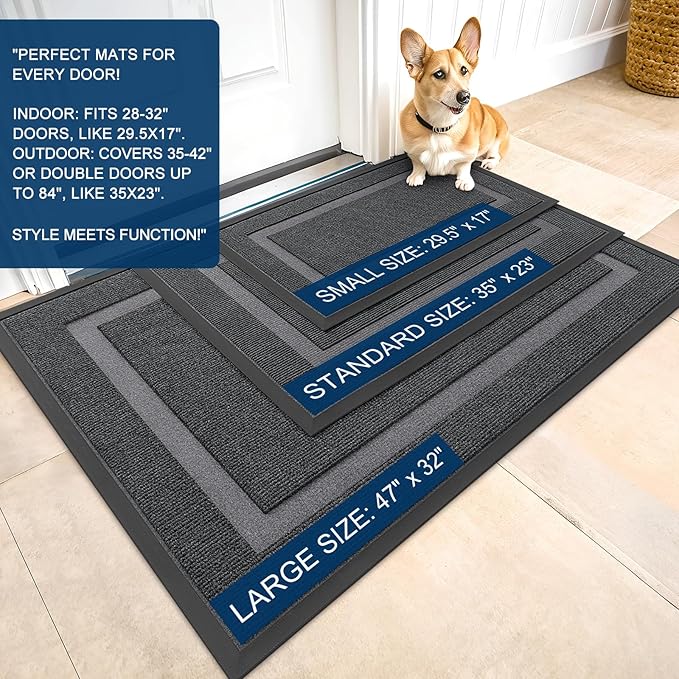 OLANLY Front Door Mat Indoor Outdoor Entrance, Waterproof All-Season, All-Weather Doormat, Sturdy Natural Rubber, Fade Resistant, Low Profile, Easy Clean Patio Porch Entryway Mat, 29.5x17, Grey