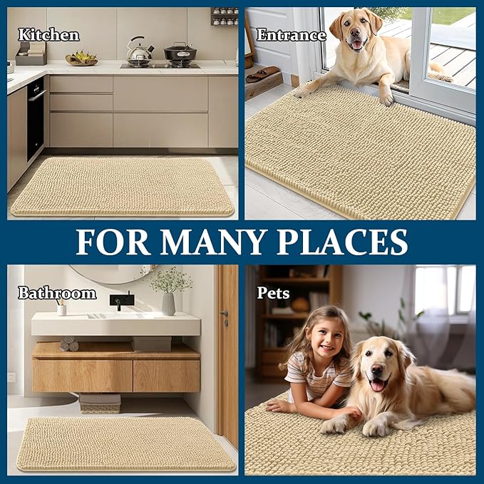 OLANLY Dog Door Mat for Muddy Paws 47x20, Absorbs Moisture and Dirt, Absorbent Non-Slip Washable Doormat, Quick Dry Chenille Mud Mat for Dogs, Entry Indoor Entryway Carpet for Inside Floor, Sand