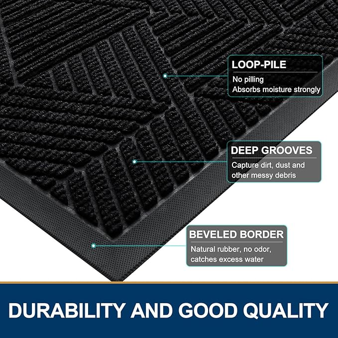 Smiry Front Door Mat Outside Entrance, Heavy Duty Sturdy Natural Rubber Doormat, Trap Dirt and Moisture, Easy Clean Low Profile Mats for Indoor Outdoor Entry, Irregular Triangle (59x20, Black)