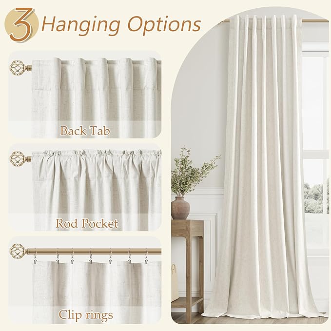 Guken Cream 100% Blackout Linen Curtains 132 Inch Length 2 Panels Set for Living Room Bedroom Back Tab Thermal Insulated Black Out Drapes Room Darkening Farmhouse Window Curtains 52x132
