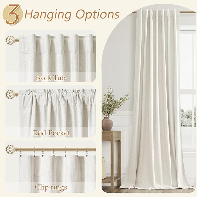 Cream 100% Blackout Linen Curtains 120 Inch Length 2 Panels Set for Living Room Bedroom Back Tab Thermal Insulated Black Out Drapes Room Darkening Farmhouse Style for Bedroom Window Curtains 52x120