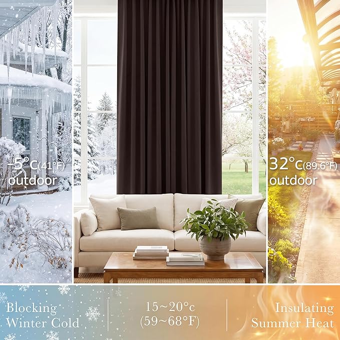 PONY DANCE Brown Blackout Curtains 2 Panels for Living Room 63 inch Long, Back Tab & Rod Pocket Window Draperies Light Block Thermal Insulated Curtains for Bedroom, 42" W x 63" L, Chocolate Brown
