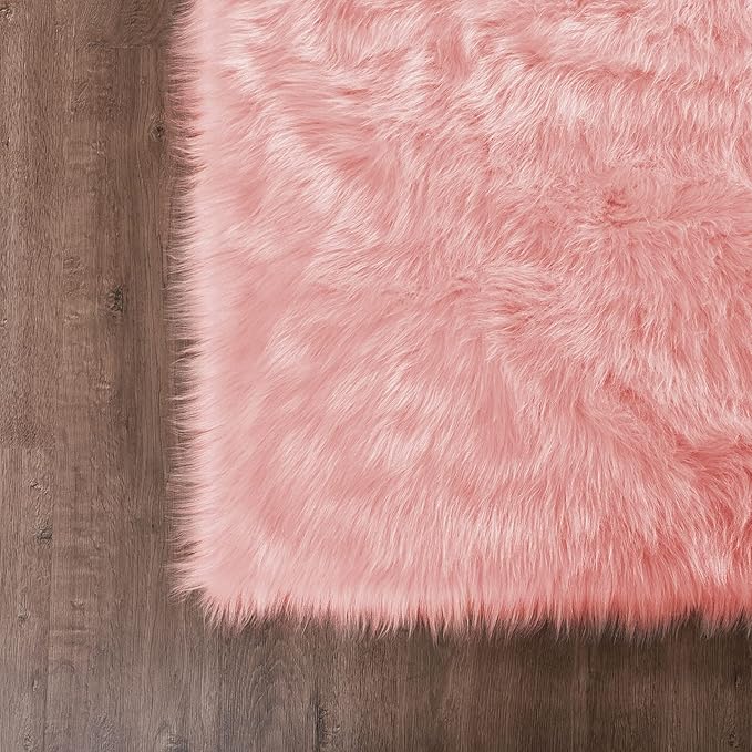 Goolela Pink Faux Sheepskin Fur Rug 4x6 Fluffy Fuzzy Furry Area Rug for Girls Bedroom Dorm Light Pink Shag Carpet for Playroom Washable Sheepskin
