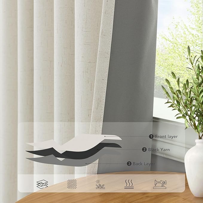 Bedroom Blackout Curtains 68 Inch Length 2 Panel Set Natural Linen Textured Cream Thermal Curtains for Summer Heat Living Room Darkening Pretty Custom Short Drapes for Basement Office Dining Room Kids