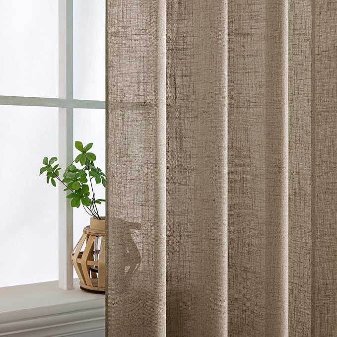 MIULEE Taupe Grey Linen Curtains 108 Inches Long 2 Panels for Bedroom Living Room, Soft Linen Textured Window Drapes Semi Sheer Light Filtering Back Tab Rod Pocket Farmhouse Modern Burlap Look Decor