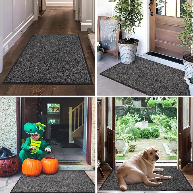 Mibao Front Door Mat, Dirt Trapper Welcome Mat for Outdoor Indoor, Non-Slip Waterproof Doormat, Durable Machine Washable Low Profile Entry Rug for Back Door Outside Patio Porch, 48" x 24", Grey