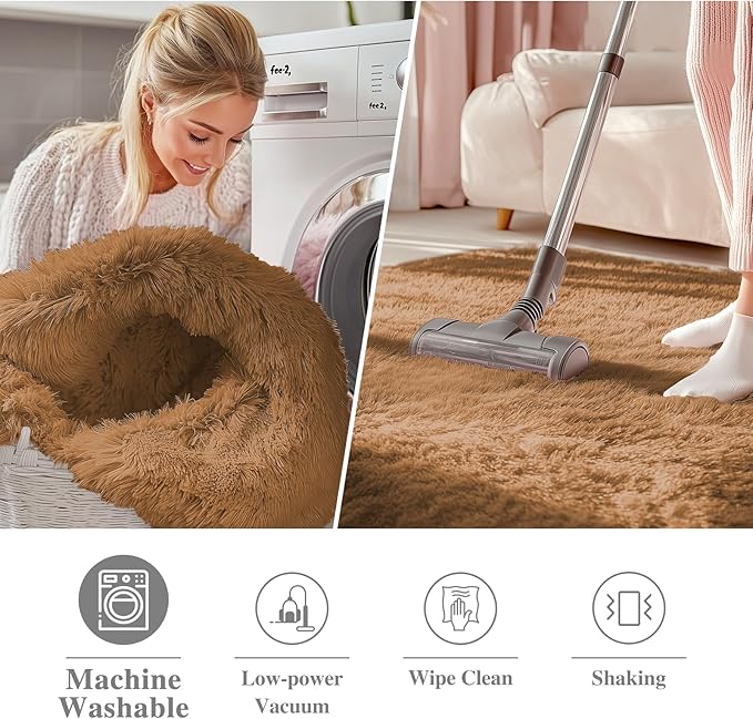 OLANLY Khaki Round Rugs for Bedroom - Machine Washable, 4 ft Circle Area Rugs for Living Room, Soft and Fluffy Shaggy Carpet for Teen Girl and Boys, Nursery Rooms, Dorms, Home Decor Aesthetic