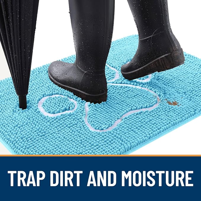 OLANLY Dog Door Mat for Muddy Paws 59x35, Paw Print Design, Absorbs Moisture and Dirt, Absorbent Non-Slip Washable Doormat, Quick Dry Chenille Mud Mat for Dogs, Entry Indoor Entryway Carpet, Blue