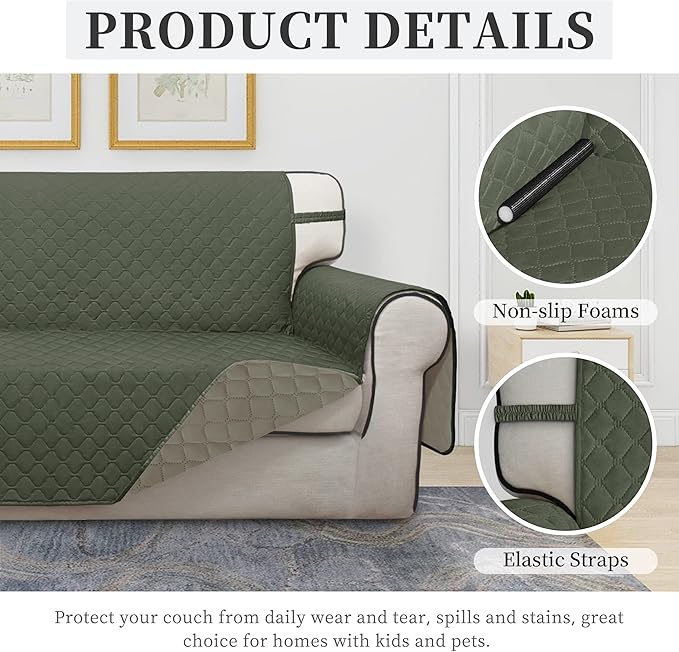 ISSUNTEX Double Protection 100% Waterproof Chair Sofa Covers for Living Room, Reversible Furniture Protector for Dogs, Pets, Kids (Chair, Greyish Green/Beige)