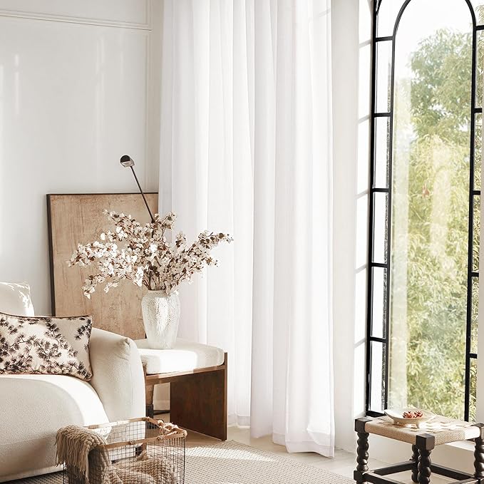 White Curtains 98 inches Long 2 Panels Back Tab Light Filtering Cotton Textured Curtain Modern Farmhouse Coastal Decor Off White Linen Drapes 98 inch Length for Patio Sliding Door Office Bedroom