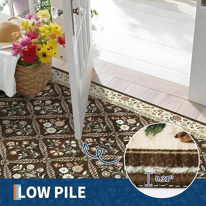 GarveeHome Grey Floral Rug 4x6 Rug Machine Washable Area Rug for Living Room Farmhouse Floral Low Pile for Dining Room, Bedroom Indoor Foldable Non-Slip Brown Natural RV