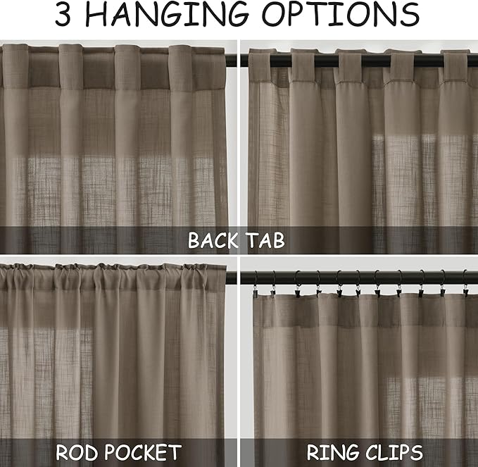 Dark Taupe Linen 102 Inch Long Curtains for Living Room 2 Panels Back Tab Pocket Semi Sheer Light Filtering Curtains Bohemian Rustic Solid Color Drapes for Sliding Glass Door Bedroom 40x102 Inches