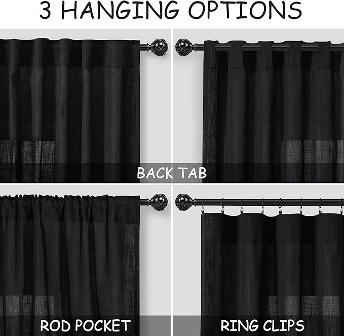Nanspring Extra Long 108 Inch Curtains Linen for Living Room Black Simple Modern Privacy Curtains Back Tab Rod Pocket Long Semi Sheer Curtain Drapes for Bedroom 9Ft 60x108