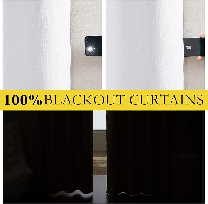 NICETOWN 100% Absolutely Blackout Linen Curtains with Thermal Insulated White Liner, 62" Wide, 2 Panels, 84 inches Long Drapes, Grommet Retro White Linen Curtains Vertical Drapes Privacy for Bedroom