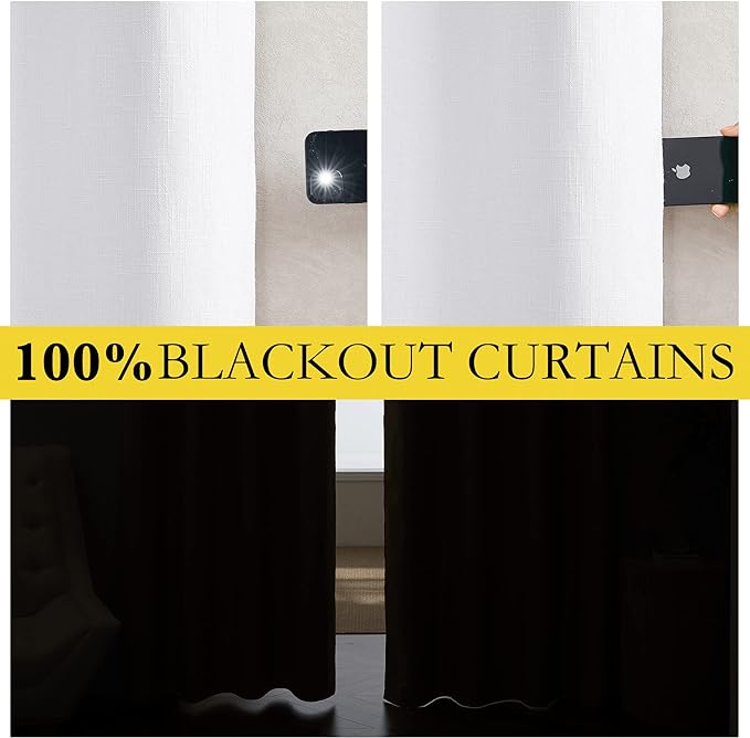 NICETOWN 100% Absolutely Blackout Linen Curtains with Thermal Insulated White Liner, White, W62, 2 Pieces, Noise Reducing Textured Linen Look Curtains for Windows 90 inch Length for Classroom