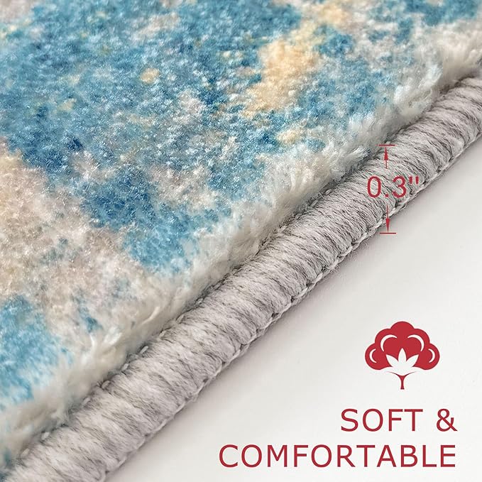 KOZYFLY Modern Abstract Area Rugs 8x10 Turquoise/Beige/Grey/Yellow Machine Washable Thin Rug for Bedroom Non-Slip Living Room Rug, Faux Wool Soft Low Pile Carpet for Dining Room, Bedroom, Bathroom
