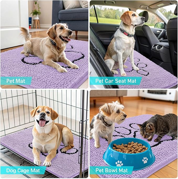 OLANLY Dog Door Mat for Muddy Paws 36x24, Paw Print Design, Absorbs Moisture and Dirt, Absorbent Non-Slip Washable Doormat, Quick Dry Chenille Mud Mat for Dogs, Entry Indoor Entryway Carpet, Lavender