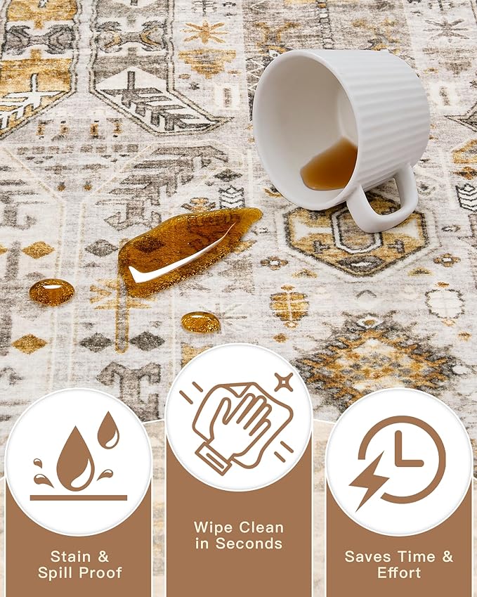 Madane Hallway Runner Rug 2x12, Extra Long Washable Runner Rugs with Rubber Backing, Non Slip Carpet Runner, Vintage Rug Runners for Kitchen Laundry Room Entryway (Brown/Gold, 2'x12')