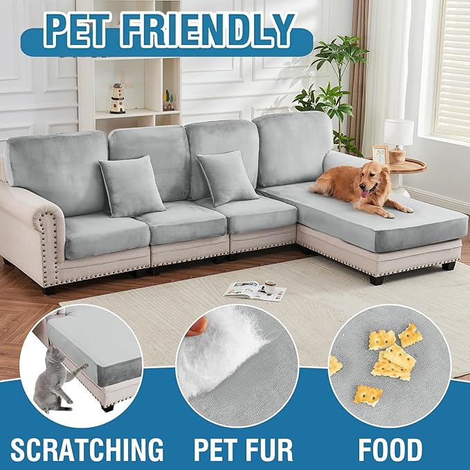 Couch Cover Stretch Velvet Sofa Cushion Cover 1-Piece - Elastic Washable Slipcover for Seat or Backrest, Couch Seat Covers for Sofas (Light Grey)