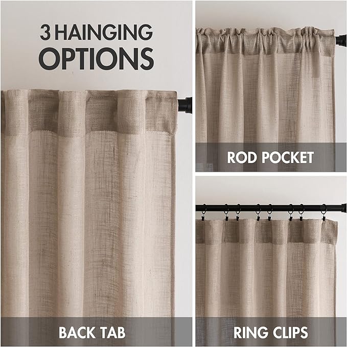 MIULEE Taupe Linen Curtains 63 Inch Length 2 Panels for Bedroom Living Room, Soft Thick Linen Textured Kitchen Window Drapes Semi Sheer Light Filtering Back Tab Rod Pocket Burlap Look Decor