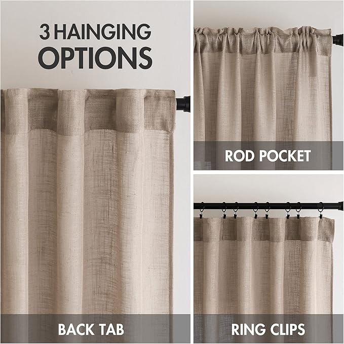 MIULEE Taupe Linen Curtains 108 Inches Long for Bedroom Living Room, Soft Thick Linen Textured Window Drapes Semi Sheer Light Filtering Rod Pocket Back Tab Burlap Look Farmhouse Decor, 2 Panels
