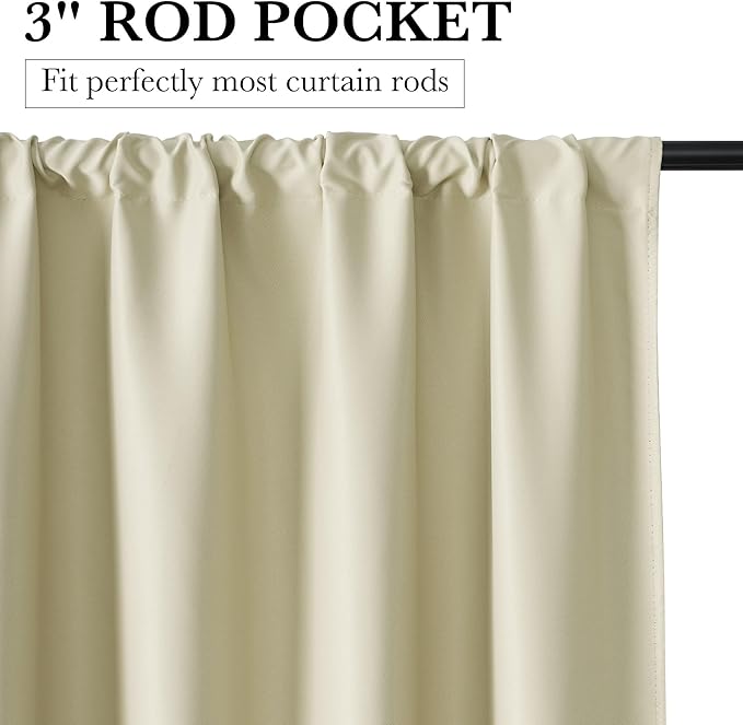 RYB HOME Bedroom Blackout Curtains 63 inches Long, 100% Blackout Thermal Insulated Noise Reducing Curtains for Living Room Nursury, 34 inches Wide by 63 inches Long, Beige