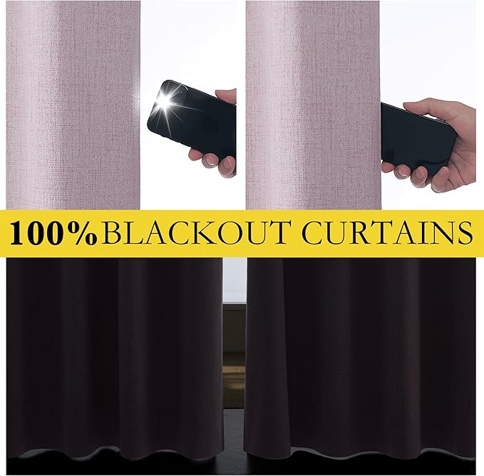 NICETOWN Pink Vintage Linen 100% Blackout Curtains for Living Room, Thermal Insulated Curtains 102“ Long, Noise Reducing Window Treatment Drapes for Home Office, 62" Wide Per Panel, Set of 2