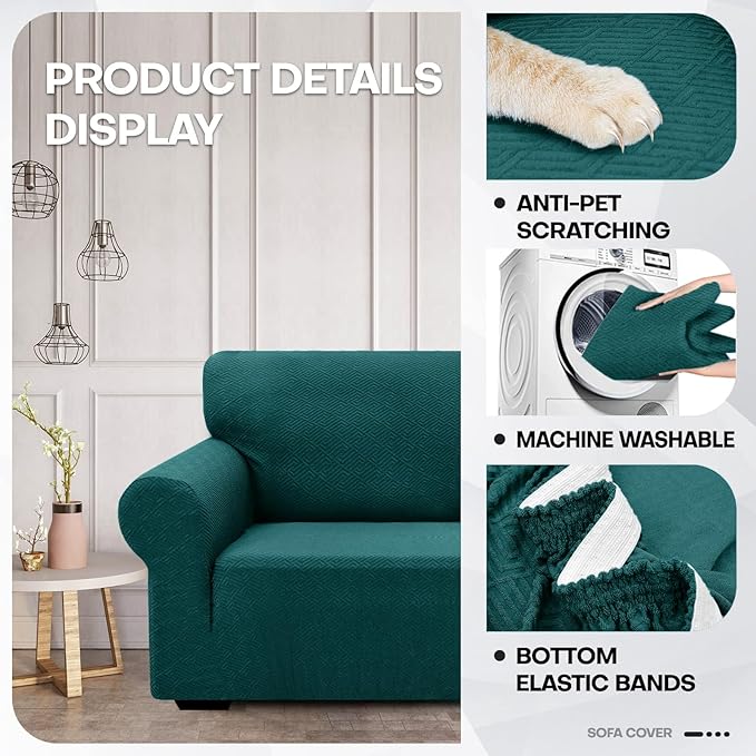 ZNSAYOTX 1 Piece Jacquard Couch Covers for 3 Cushion Couch High Stretch Sofa Cover for Pets Dogs Anti Slip Extra Large Sofa Slipcovers Furniture Protector (X-Large, New Pattern Blackish Green)