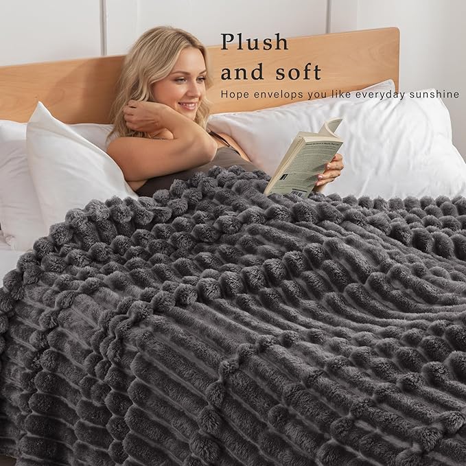 Exclusivo Mezcla King Size Flannel Fleece Blanket, Super Soft Striped Jacquard Bed Blanket, Lightweight Fuzzy Cozy for All Seasons, 90x104 Inches, Dark Grey