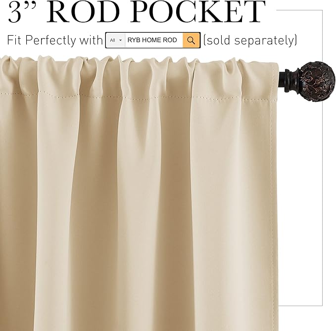 RYB HOME Half Curtain Tiers 36 inch Length, Rod Pocket Summer Heat Blocking Thermal Insulated Short Curtains for Small Window, Width 34 by Length 36, Biscotti Beige, 2 Panels