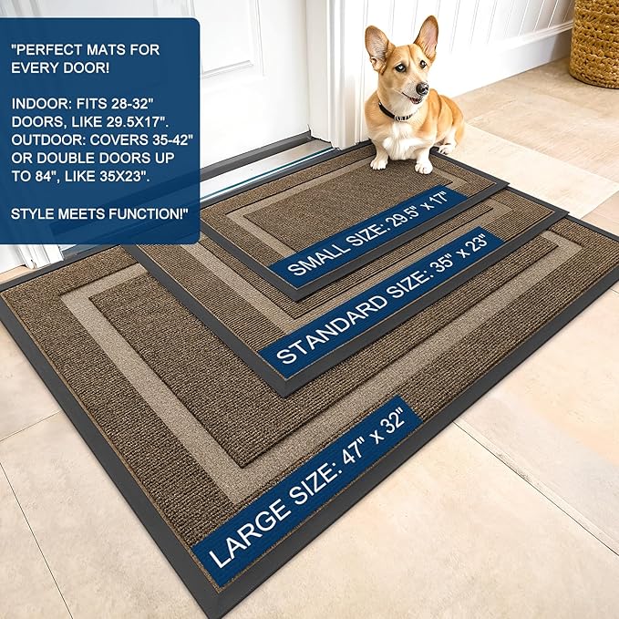 OLANLY Front Door Mat Indoor Outdoor Entrance, Waterproof All-Season, All-Weather Doormat, Sturdy Natural Rubber, Fade Resistant, Low Profile, Easy Clean Patio Porch Entryway Mat, 59x40, Brown
