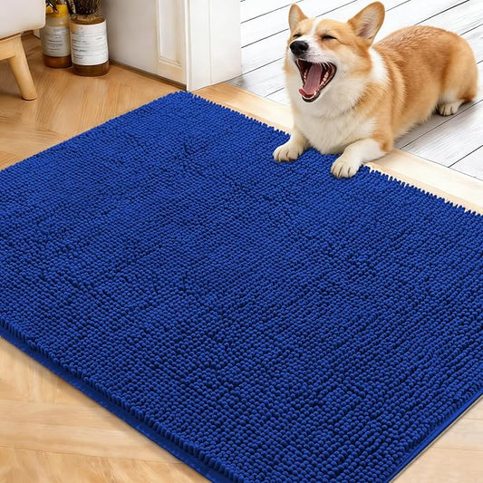 OLANLY Dog Door Mat for Muddy Paws 40x32, Absorbs Moisture and Dirt, Absorbent Non-Slip Washable Doormat, Quick Dry Chenille Mud Mat for Dogs, Entry Indoor Entryway Carpet for Inside Floor, Royal Blue