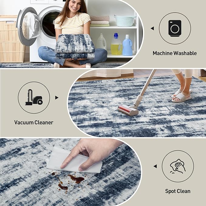 8x10 Area Rugs Washable Rug: Modern Abstract Living Room Rug Soft Anti-Skid Thin Carpet Indoor Floor Non-Shedding Carpets for Bedroom Dining Room Farmhouse Nursery Home Office Blue Grey