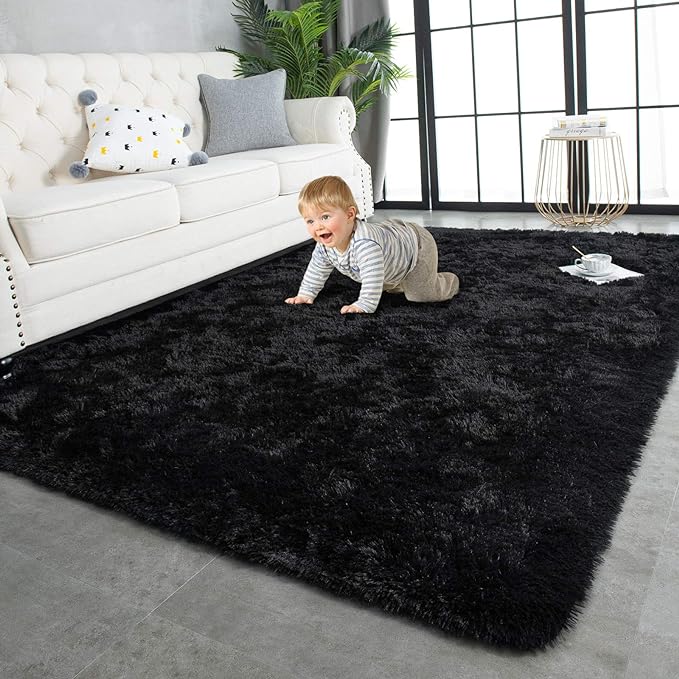 TWINNIS Super Soft Shaggy Rugs Fluffy Carpets 9x12 Feet, Indoor Modern Plush Area Rugs for Living Room Bedroom Kids Room Nursery Home Decor, Upgrade Anti-Skid Fuzzy Rug, Black